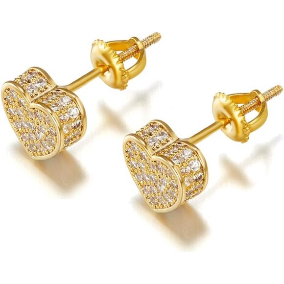Jewelry - 18k Gold Plated Heart Stud Earring For Women Earring Screw Back Iced Out Cubic Z
